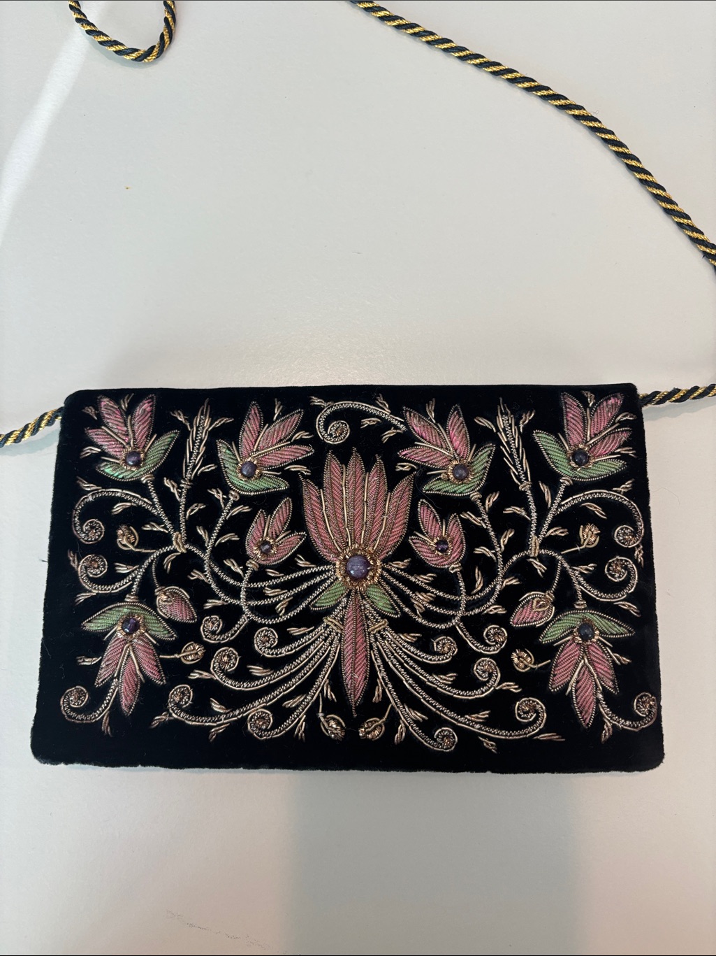 Embroidered Black Velvet Crossbody Bag With Pink Floral Accents